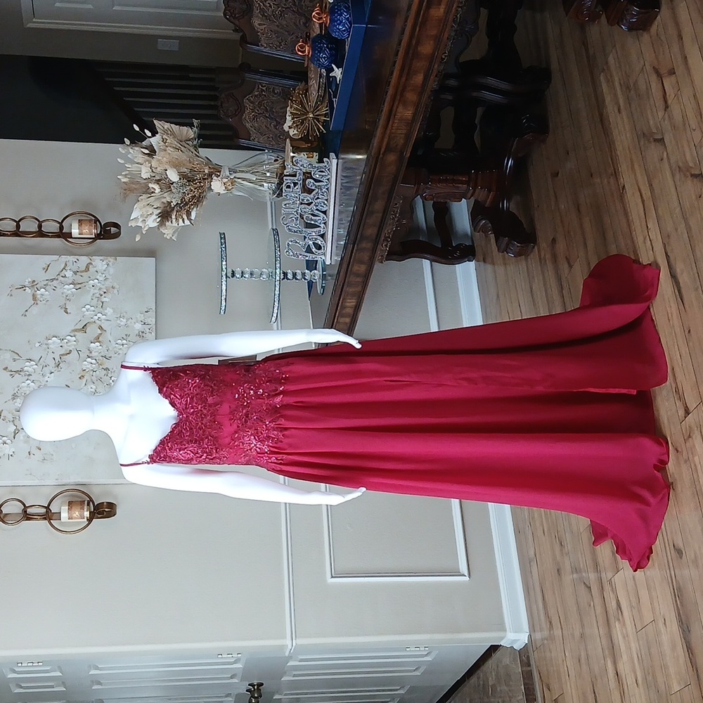 New Red A-line Formal Embellished Floral Embroidered Floor-Length Gown. Medium - Picture 6 of 17